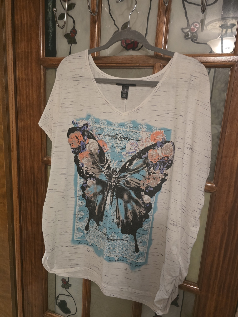 Style & Co. White V-Neck Butterfly Graphic Tee with Blue & Coral Accents